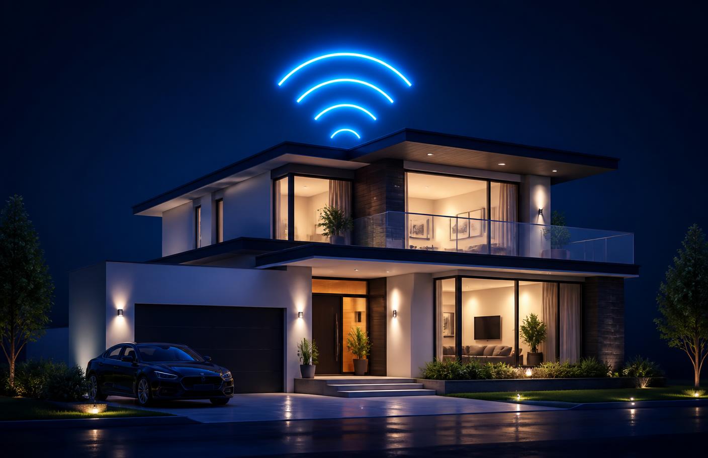 Casa conectada à noite com sinal de Wi-Fi 6 da Giga+ Fibra